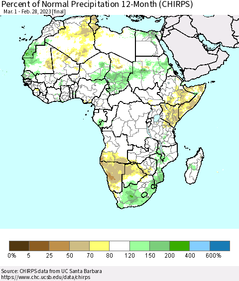 Africa Percent of Normal Precipitation 12-Month (CHIRPS) Thematic Map For 3/1/2022 - 2/28/2023