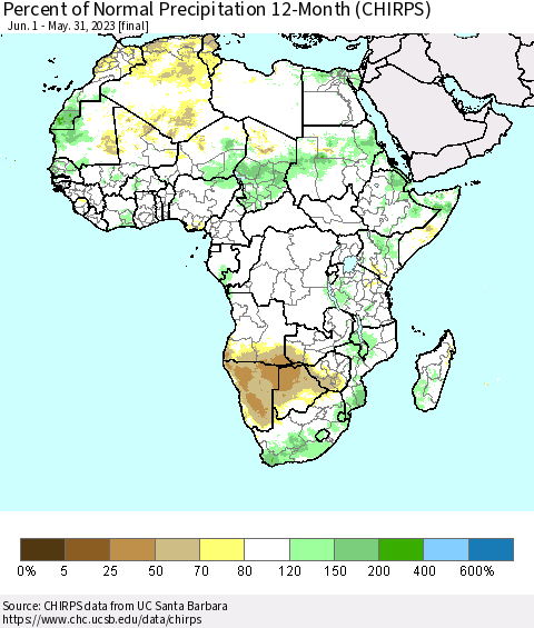 Africa Percent of Normal Precipitation 12-Month (CHIRPS) Thematic Map For 6/1/2022 - 5/31/2023
