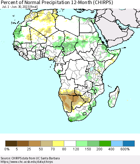 Africa Percent of Normal Precipitation 12-Month (CHIRPS) Thematic Map For 7/1/2022 - 6/30/2023