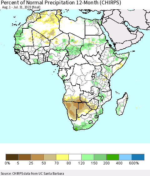 Africa Percent of Normal Precipitation 12-Month (CHIRPS) Thematic Map For 8/1/2022 - 7/31/2023