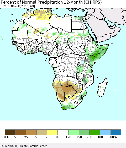 Africa Percent of Normal Precipitation 12-Month (CHIRPS) Thematic Map For 12/1/2022 - 11/30/2023