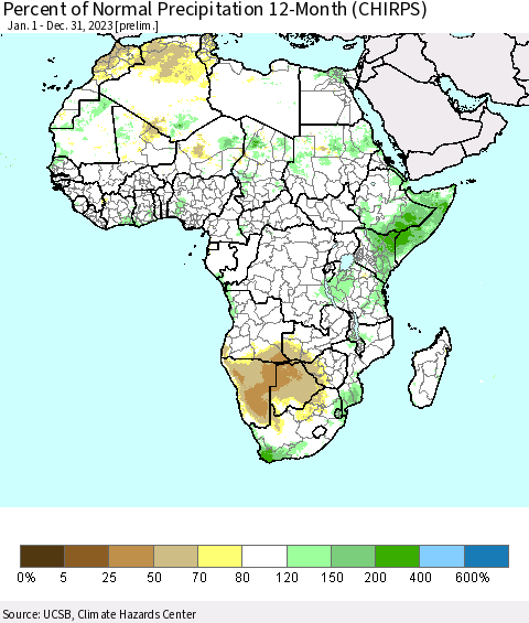 Africa Percent of Normal Precipitation 12-Month (CHIRPS) Thematic Map For 1/1/2023 - 12/31/2023