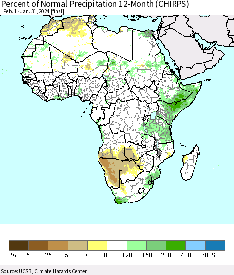 Africa Percent of Normal Precipitation 12-Month (CHIRPS) Thematic Map For 2/1/2023 - 1/31/2024