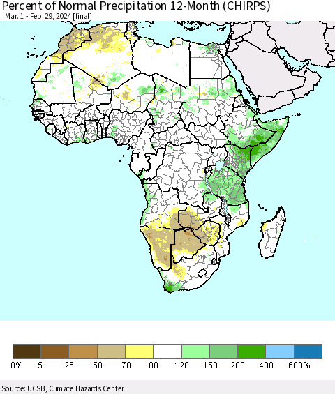Africa Percent of Normal Precipitation 12-Month (CHIRPS) Thematic Map For 3/1/2023 - 2/29/2024