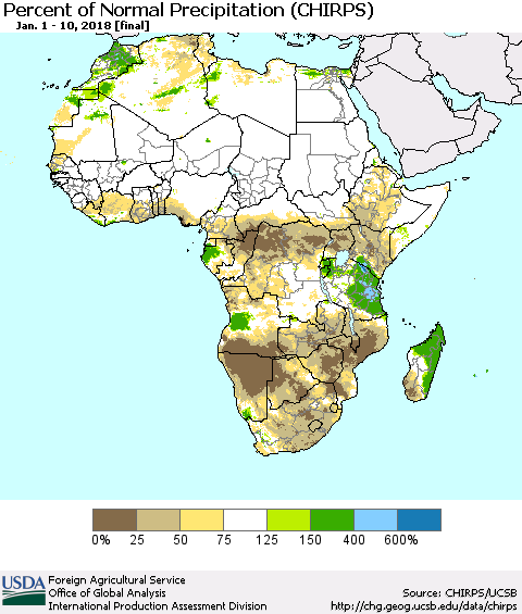 Africa Percent of Normal Precipitation (CHIRPS) Thematic Map For 1/1/2018 - 1/10/2018