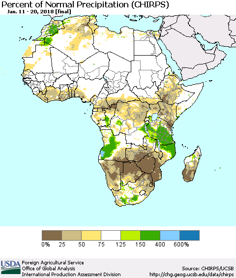 Africa Percent of Normal Precipitation (CHIRPS) Thematic Map For 1/11/2018 - 1/20/2018