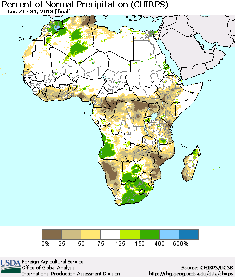 Africa Percent of Normal Precipitation (CHIRPS) Thematic Map For 1/21/2018 - 1/31/2018