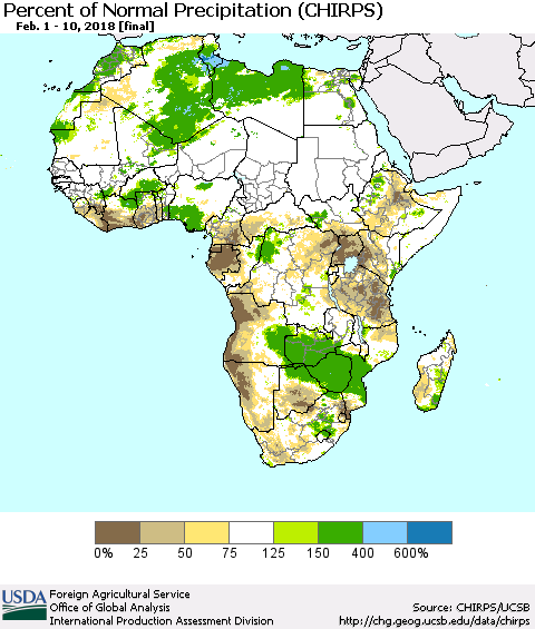 Africa Percent of Normal Precipitation (CHIRPS) Thematic Map For 2/1/2018 - 2/10/2018