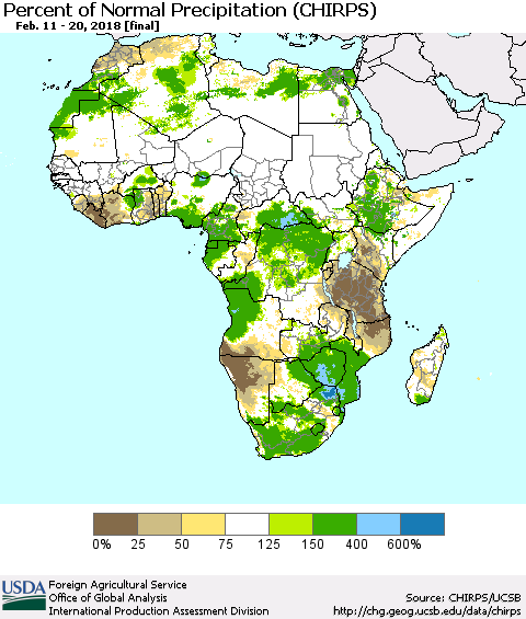 Africa Percent of Normal Precipitation (CHIRPS) Thematic Map For 2/11/2018 - 2/20/2018