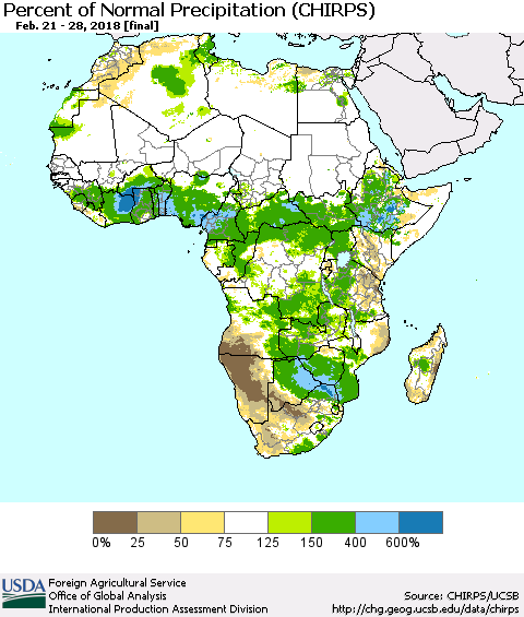 Africa Percent of Normal Precipitation (CHIRPS) Thematic Map For 2/21/2018 - 2/28/2018
