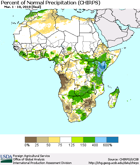 Africa Percent of Normal Precipitation (CHIRPS) Thematic Map For 3/1/2018 - 3/10/2018