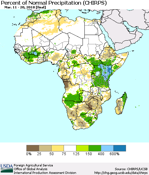 Africa Percent of Normal Precipitation (CHIRPS) Thematic Map For 3/11/2018 - 3/20/2018