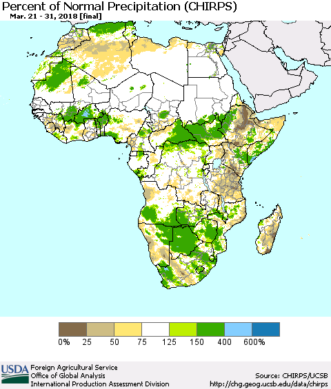 Africa Percent of Normal Precipitation (CHIRPS) Thematic Map For 3/21/2018 - 3/31/2018