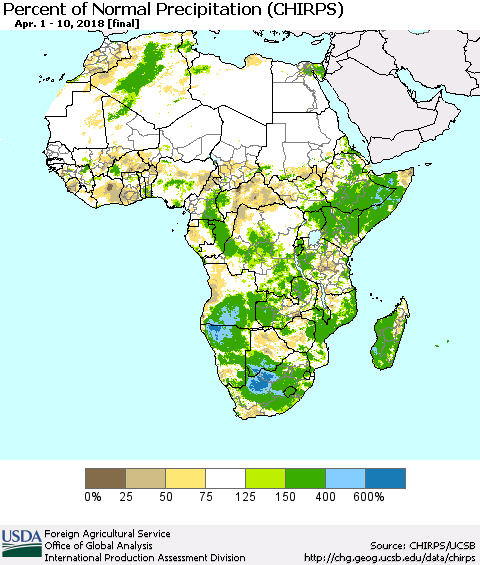 Africa Percent of Normal Precipitation (CHIRPS) Thematic Map For 4/1/2018 - 4/10/2018