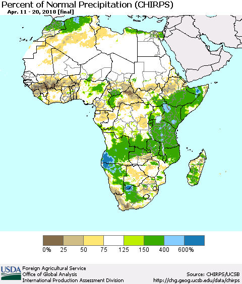 Africa Percent of Normal Precipitation (CHIRPS) Thematic Map For 4/11/2018 - 4/20/2018