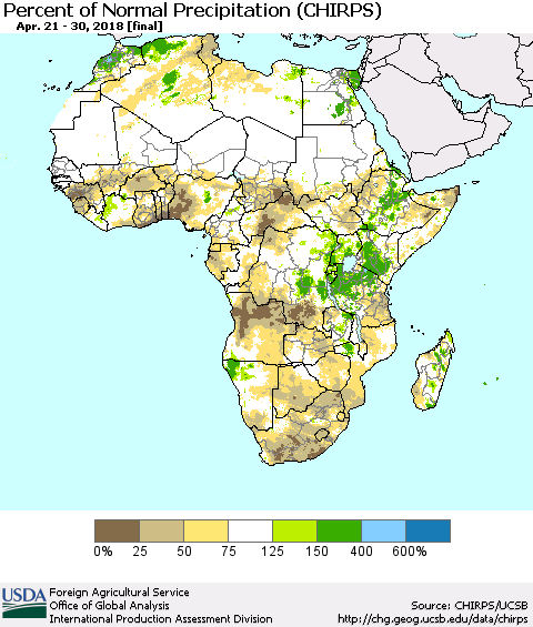 Africa Percent of Normal Precipitation (CHIRPS) Thematic Map For 4/21/2018 - 4/30/2018