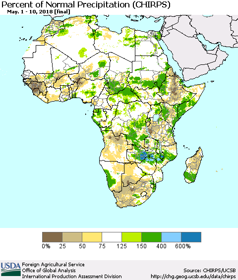Africa Percent of Normal Precipitation (CHIRPS) Thematic Map For 5/1/2018 - 5/10/2018