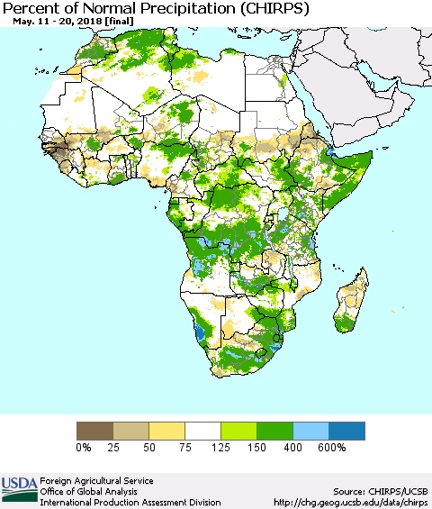 Africa Percent of Normal Precipitation (CHIRPS) Thematic Map For 5/11/2018 - 5/20/2018