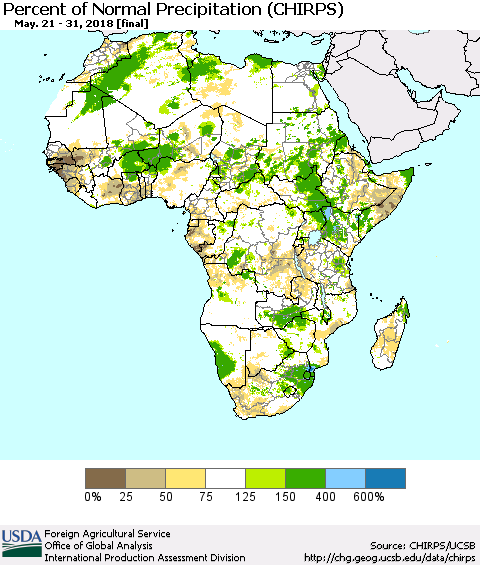 Africa Percent of Normal Precipitation (CHIRPS) Thematic Map For 5/21/2018 - 5/31/2018