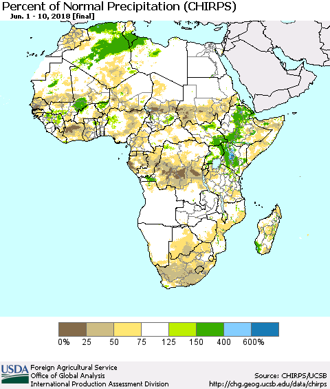 Africa Percent of Normal Precipitation (CHIRPS) Thematic Map For 6/1/2018 - 6/10/2018