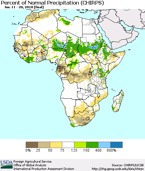 Africa Percent of Normal Precipitation (CHIRPS) Thematic Map For 6/11/2018 - 6/20/2018