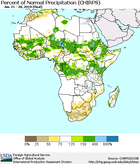 Africa Percent of Normal Precipitation (CHIRPS) Thematic Map For 6/21/2018 - 6/30/2018