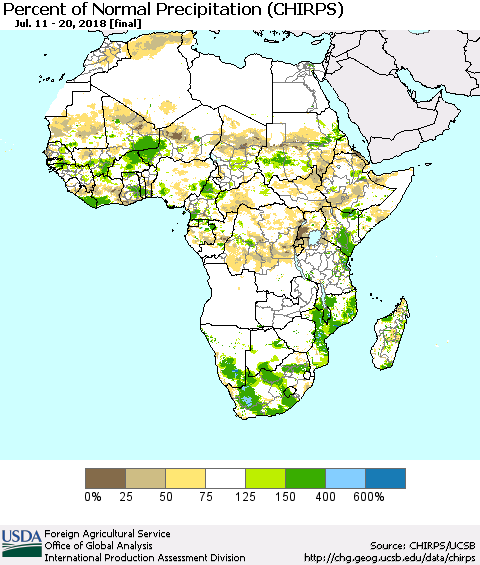 Africa Percent of Normal Precipitation (CHIRPS) Thematic Map For 7/11/2018 - 7/20/2018