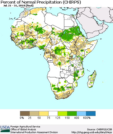 Africa Percent of Normal Precipitation (CHIRPS) Thematic Map For 7/21/2018 - 7/31/2018