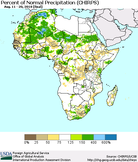 Africa Percent of Normal Precipitation (CHIRPS) Thematic Map For 8/11/2018 - 8/20/2018