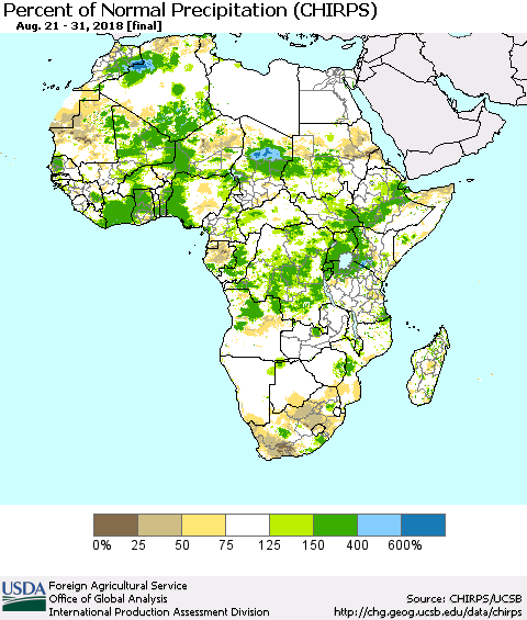 Africa Percent of Normal Precipitation (CHIRPS) Thematic Map For 8/21/2018 - 8/31/2018
