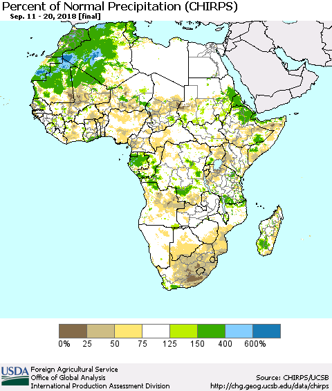 Africa Percent of Normal Precipitation (CHIRPS) Thematic Map For 9/11/2018 - 9/20/2018