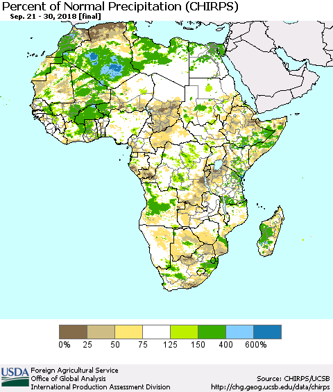 Africa Percent of Normal Precipitation (CHIRPS) Thematic Map For 9/21/2018 - 9/30/2018