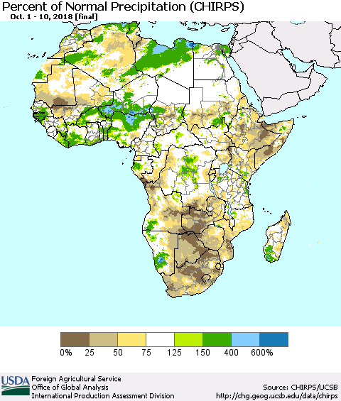 Africa Percent of Normal Precipitation (CHIRPS) Thematic Map For 10/1/2018 - 10/10/2018
