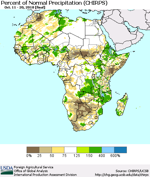 Africa Percent of Normal Precipitation (CHIRPS) Thematic Map For 10/11/2018 - 10/20/2018