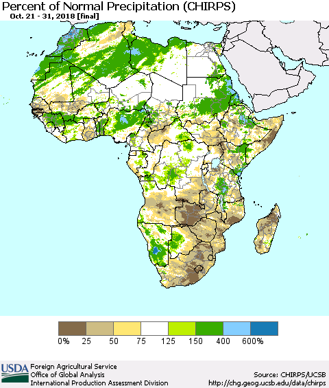 Africa Percent of Normal Precipitation (CHIRPS) Thematic Map For 10/21/2018 - 10/31/2018