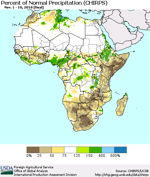 Africa Percent of Normal Precipitation (CHIRPS) Thematic Map For 11/1/2018 - 11/10/2018