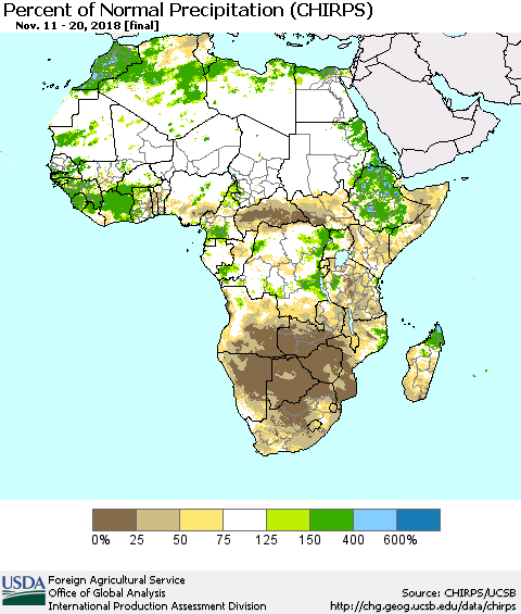 Africa Percent of Normal Precipitation (CHIRPS) Thematic Map For 11/11/2018 - 11/20/2018