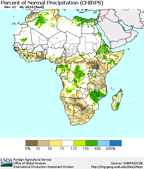 Africa Percent of Normal Precipitation (CHIRPS) Thematic Map For 11/21/2018 - 11/30/2018