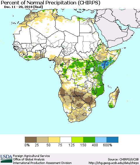 Africa Percent of Normal Precipitation (CHIRPS) Thematic Map For 12/11/2018 - 12/20/2018