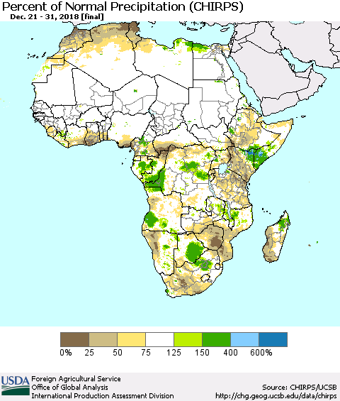 Africa Percent of Normal Precipitation (CHIRPS) Thematic Map For 12/21/2018 - 12/31/2018