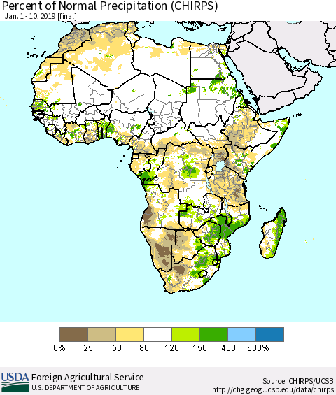 Africa Percent of Normal Precipitation (CHIRPS) Thematic Map For 1/1/2019 - 1/10/2019