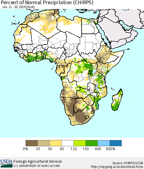 Africa Percent of Normal Precipitation (CHIRPS) Thematic Map For 1/11/2019 - 1/20/2019