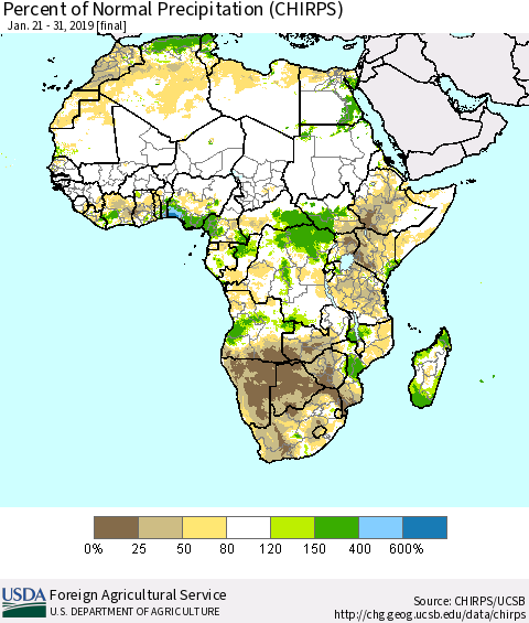 Africa Percent of Normal Precipitation (CHIRPS) Thematic Map For 1/21/2019 - 1/31/2019