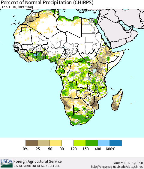 Africa Percent of Normal Precipitation (CHIRPS) Thematic Map For 2/1/2019 - 2/10/2019