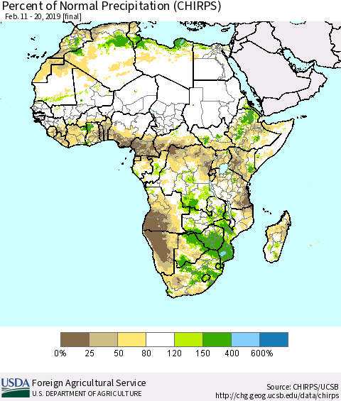 Africa Percent of Normal Precipitation (CHIRPS) Thematic Map For 2/11/2019 - 2/20/2019