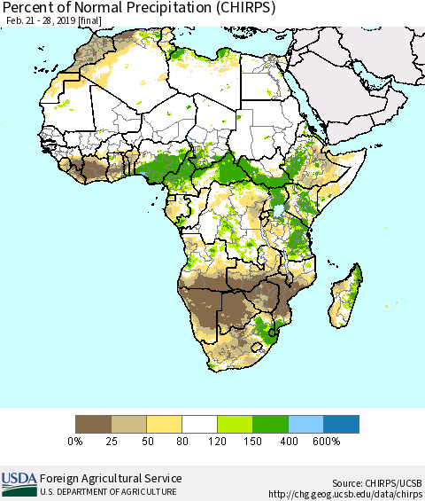 Africa Percent of Normal Precipitation (CHIRPS) Thematic Map For 2/21/2019 - 2/28/2019