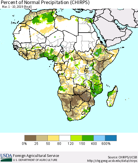 Africa Percent of Normal Precipitation (CHIRPS) Thematic Map For 3/1/2019 - 3/10/2019