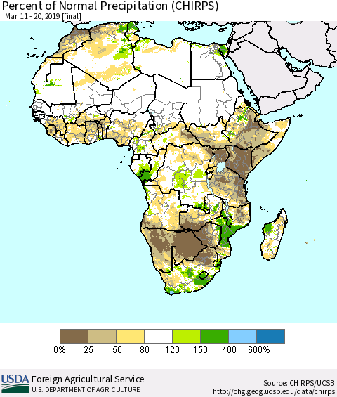 Africa Percent of Normal Precipitation (CHIRPS) Thematic Map For 3/11/2019 - 3/20/2019