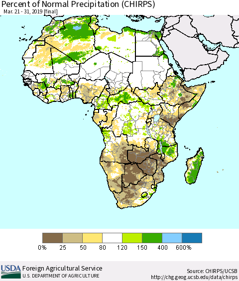 Africa Percent of Normal Precipitation (CHIRPS) Thematic Map For 3/21/2019 - 3/31/2019