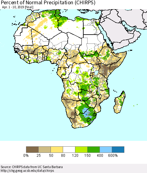 Africa Percent of Normal Precipitation (CHIRPS) Thematic Map For 4/1/2019 - 4/10/2019
